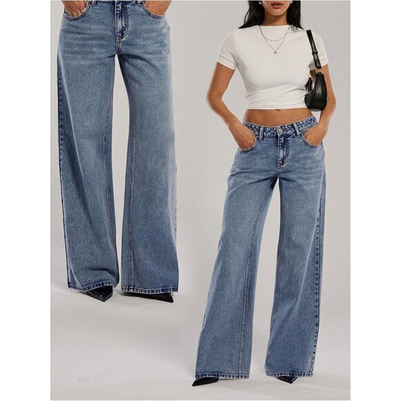 Women's Low Rise Baggy Jeans Soft Denim Wide Leg Y2K Casual Streetwear - Picture 3 of 5